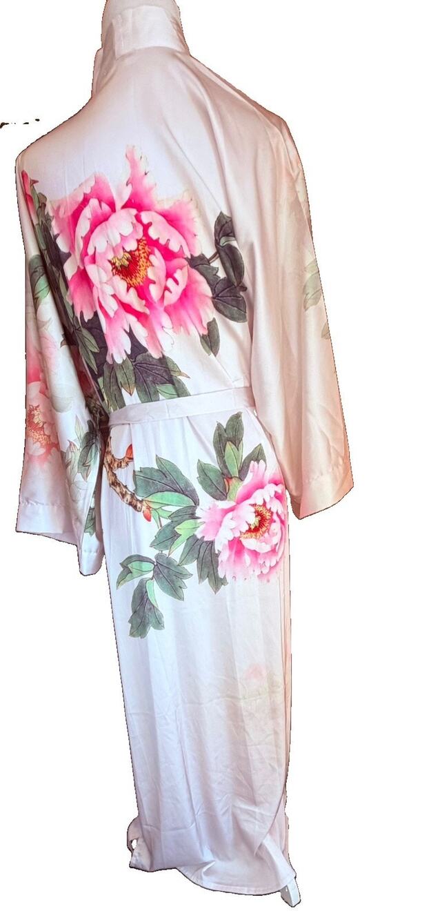 KIM + ONO Women’s Satin Kimono Robe Pink Green Peonies Bird Tie Belt Bohemian